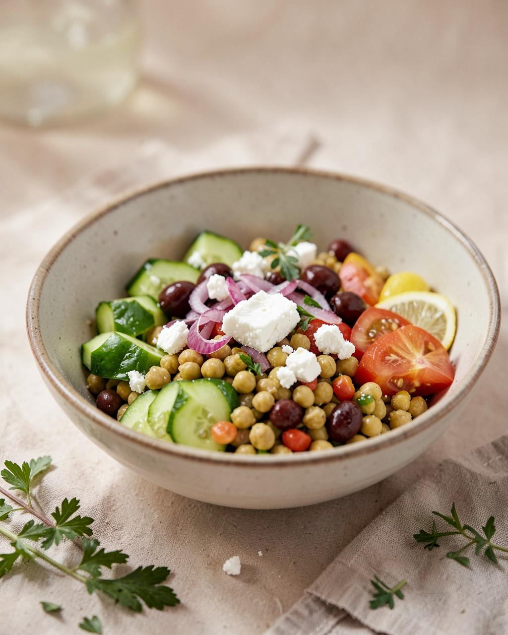 Mediterranean Chickpea Bowl — Crisp cucumber, olives, lemon and chickpeas. No cooking.