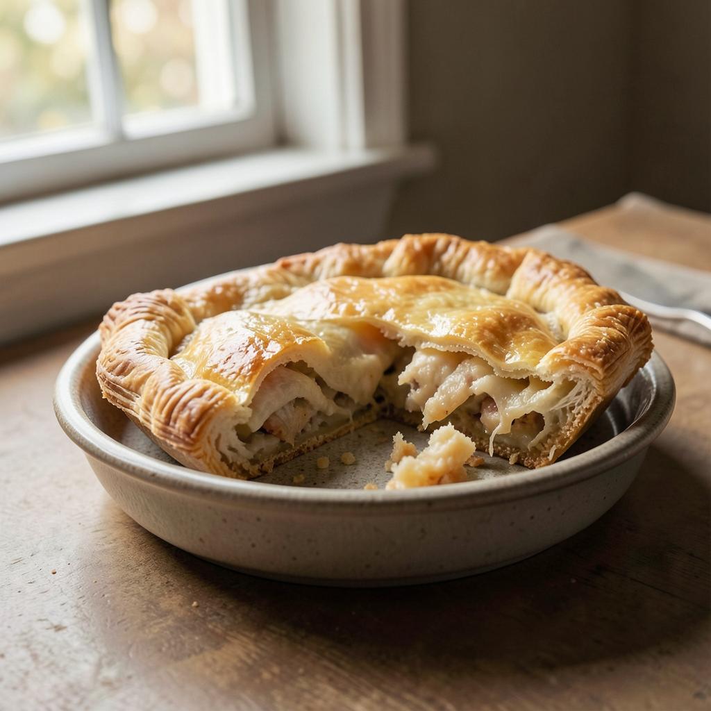 Chicken Pot Pie — Flaky pastry lid over a creamy chicken filling.