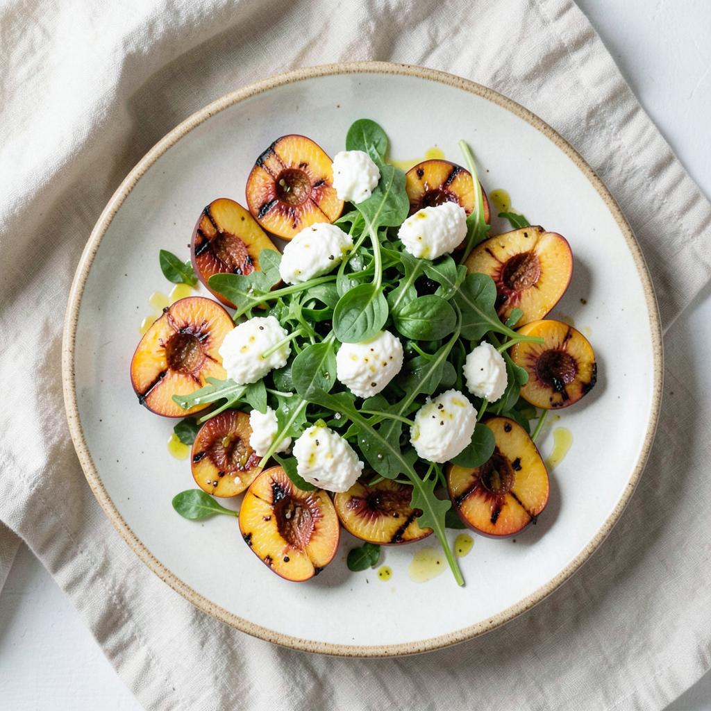 Grilled Peach & Burrata Salad — Charred sweet peaches, creamy burrata, peppery leaves.