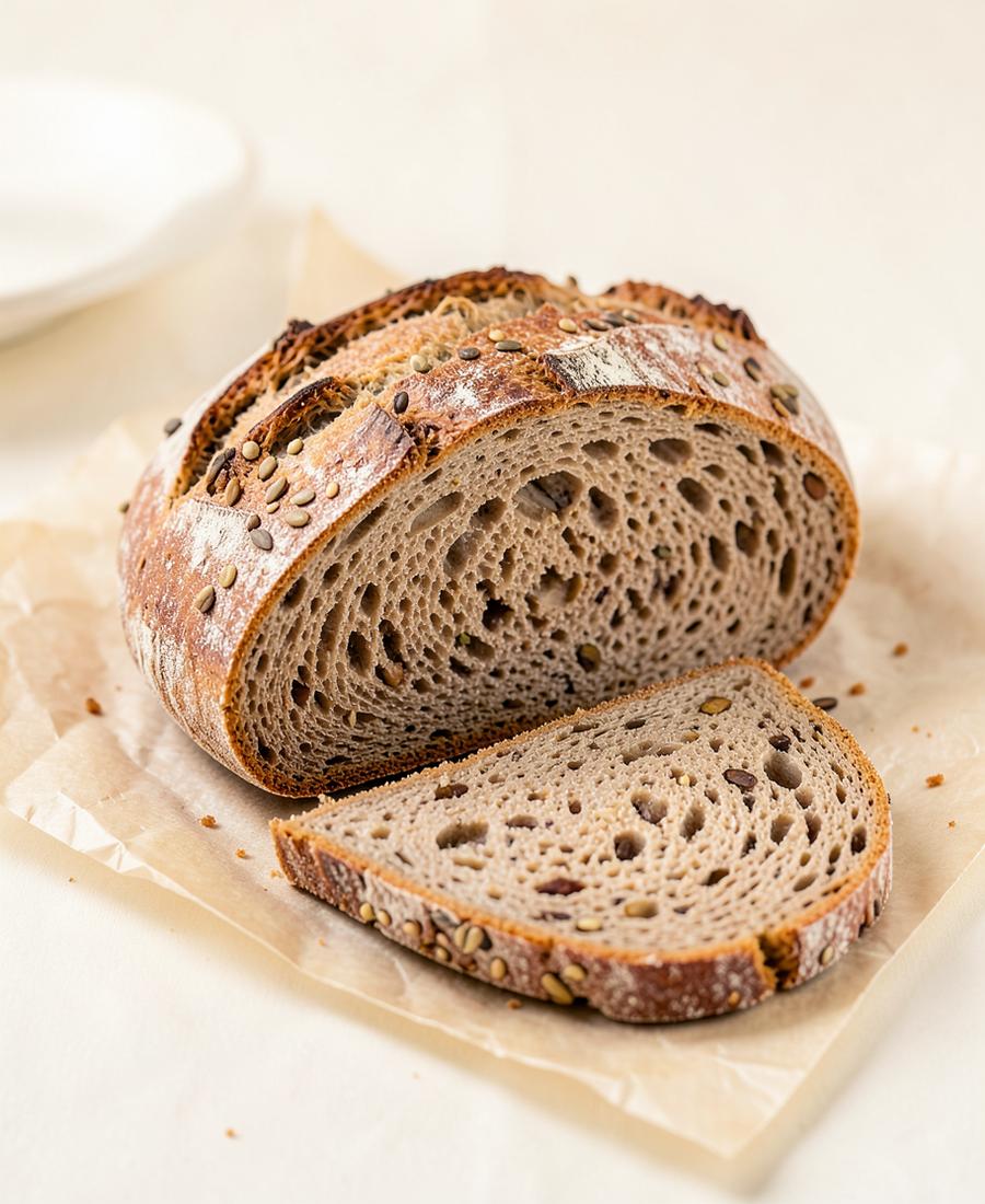 Seeded Sourdough — Open crumb, dark crust, patient hands.